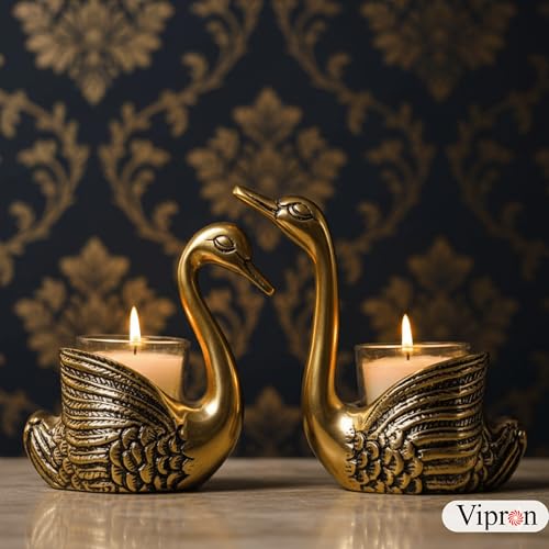 Image of Golden Brass Swan Candle Holder Pair, Decorative Centerpiece for Home Decor, Living Room, Special Occasions, 12 cm and 13.5 cm Height