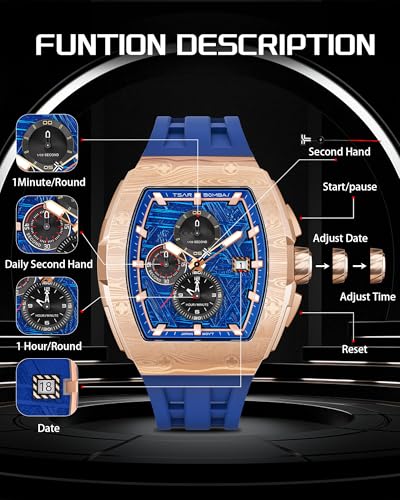 Image of Tsar Bomba Mens Watches Quartz Wristwatch for Men Waterproof 50M Analog Luxury Tonneau Chronograph Calendar Date Men's Dress Business Work Watch Gift for Men