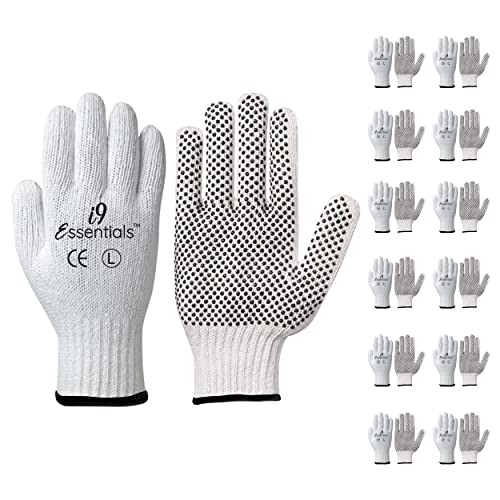 I9 Essentials Multi-Purpose Work Gloves Large - Poly/Cotton Safety Gloves for Men with PVC Dots - Seamless Lightweight Safety Gloves for Woodworking, Gardening, Construction Work Gloves, 12 Pairs