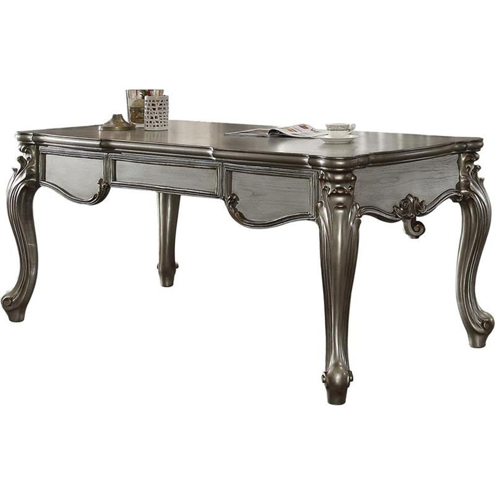 Acme Versailles Wooden Executive Writing Desk with 3 Drawers in Platinum Silver