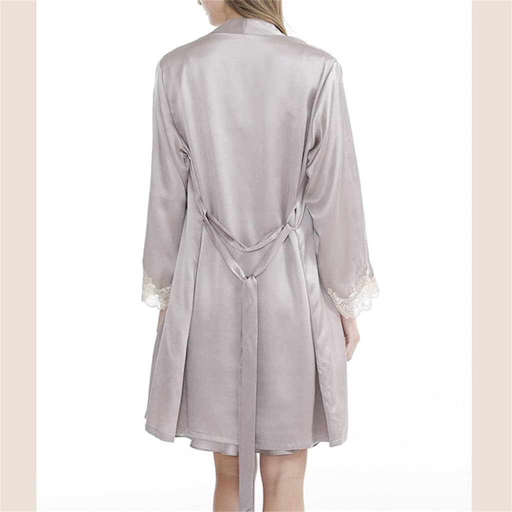 Silk Nightgown Women's Summer Sexy Hanging Pajama Dress Two Piece Set Lace Morning Robe Pajamas (D X Large)