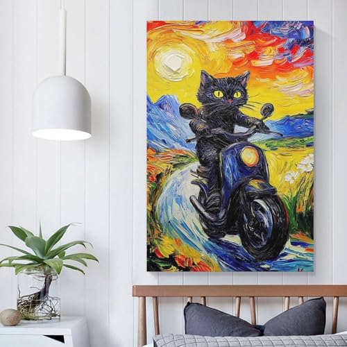 Tableau chat noir moto déco murale salon qui exprime votre liberté