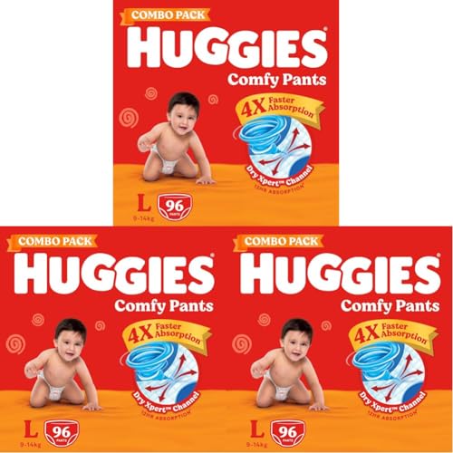 Image of Huggies Comfy Pants Baby Diaper, Large (L) Size (9-14 Kgs), Pack of 288 (32 Count, Pack of 3)