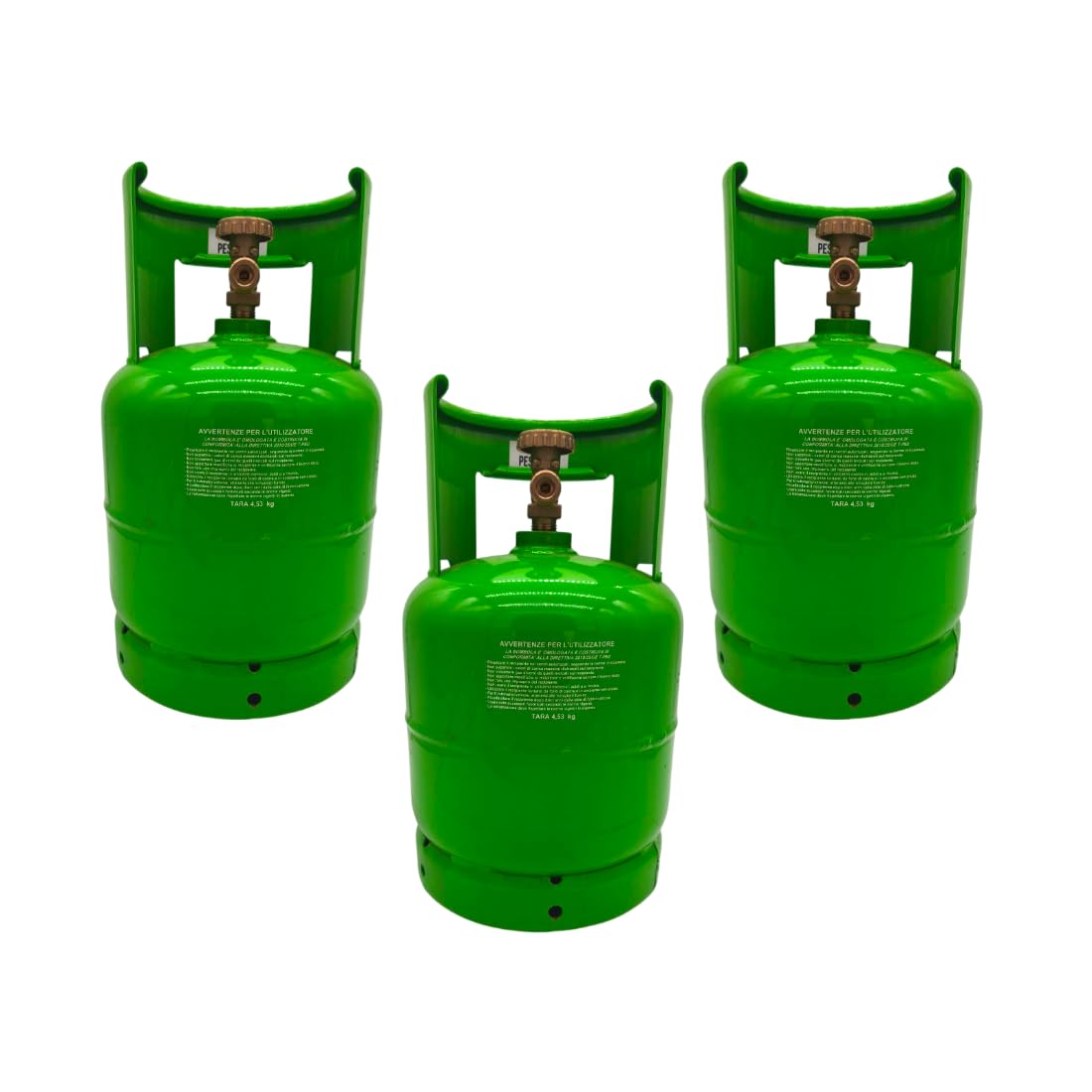 nr° 3 Bombole neutre vuote - capacità 7 Lt - per stoccaggio gas refrigerante - completa di valvola monofase (gas) uscita 21,7 x 1/14 destro - Usate quasi nuove