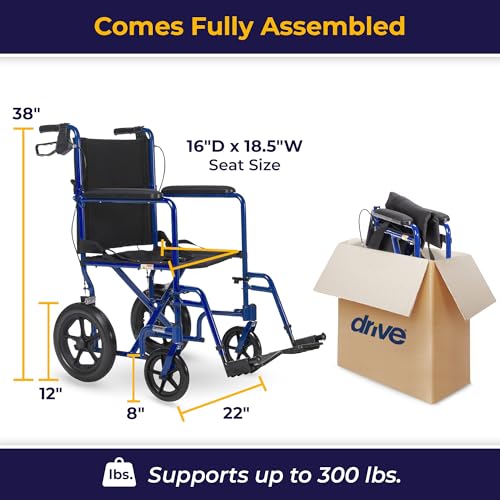 Image of Drive Medical Lightweight Expedition Folding Transport Wheelchair with Hand Brakes - Portable Support - Large Rear Wheels - Compact Folding - Comfortable Design - Blue