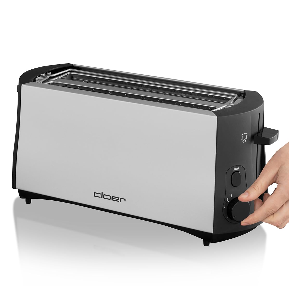 Cloer 3710 Tostapane a Fessura Lunga per 4 Fette, 1380 W, scaldapanini integrato, funzione di sollevamento, cassetto raccogli-briciole, custodia in metallo opaco, isolato termicamente