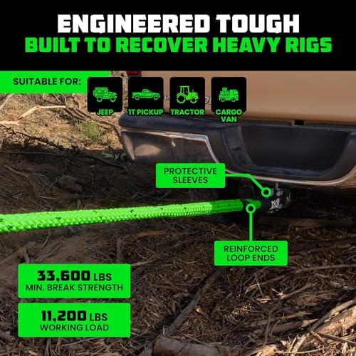 Rhino USA Kinetic Recovery Tow Rope Heavy Duty Offroad Snatch Strap for UTV, ATV, Truck, Car, Tractor - Ultimate Elastic Straps Towing Gear - Backed for Life! (1" x 30' Green) by Rhino USA - Image 4