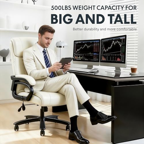 Image of FLEXISPOT 500lbs Big and Tall Office Chair for Heavy People, High Back Heavy Duty Computer Chair with Stable Armrest 1D Lumbar Support, Desk Chairs for Working Gaming Relaxing, PU Leather, Beige
