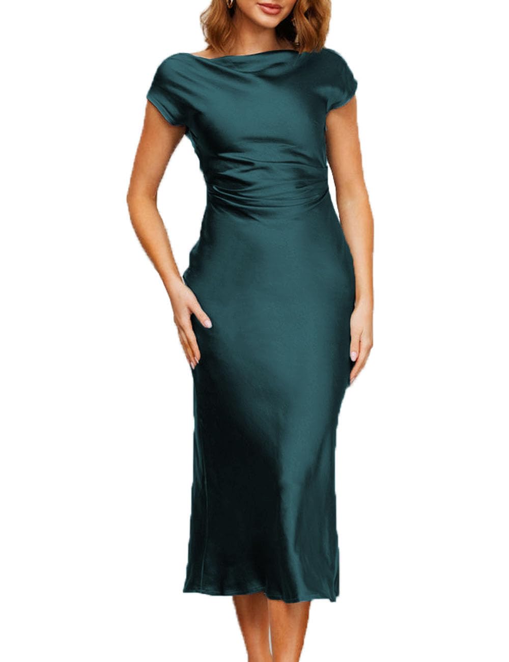 Gmeitoey 2025 Satin Cap Sleeve Cowl Back Summer Dresses for Women Elegant Ruched Waist Wedding Guest Midi Dress