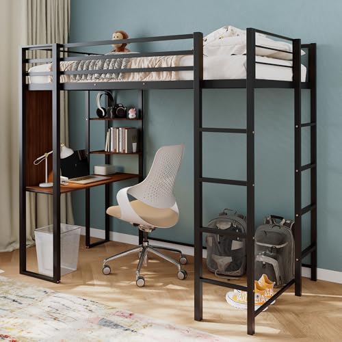 Merax Twin Metal Loft Bed with 2 Shelves and one