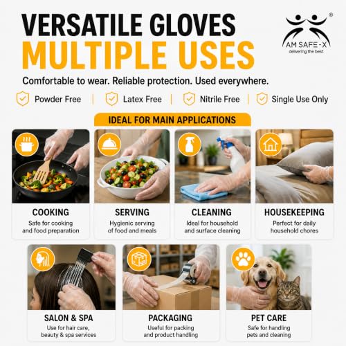 Image of AM Safe-X Disposable Transparent vinyl Gloves, Food Grade Single Use Plastic Gloves, Powder Free PE Gloves for Cooking, Food Handling, Cleaning, Kitchen, Salon & Household Use (Large - 80 Pieces)