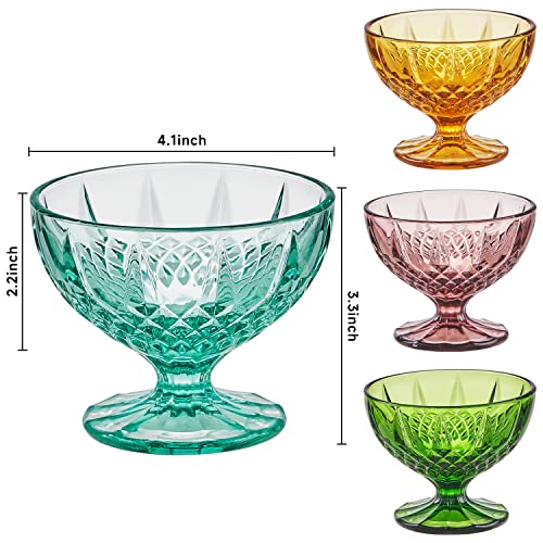 Kmwares 4Pcs Set 8Oz Colored Footed Glass Dessert Bowls/Cups With Colorful Crystal Diamond Pattern - For Dessert, Sundae, Ice Cream, Smoothie, Fruit, Salad, Snack, Cocktail, Condiment, Wedding Party #TOP1