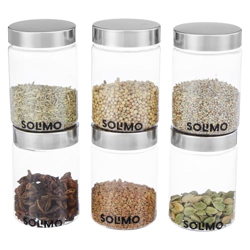 Amazon Brand - Solimo Plastic Storage Jar & Containers With Steel Cap Jar | Air Tight & BPA Free Food-Grade Container | Kitchen Container Set | Multipurpose Jar | 300 ML Set 6 | Steel Lid