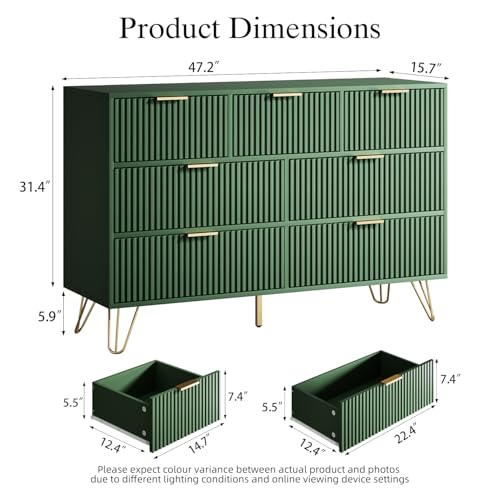 Image of Furniway Dresser for Bedroom, Fluted Modern Dresser with Gold Pulls and 7 Drawers, 15.7 inch D x 47.2 inch W x 31.4 inch H, Green