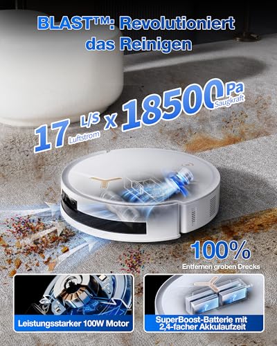 ECOVACS DEEBOT T50 MAX PRO Omni Gen2 Saugroboter mit Wischfunktion, 18.500Pa, ZeroTangle 2.0, Tiefenreinigung f&uuml;r Teppiche, Ausfahrbare Seitenb&uuml;rste & Wischmodul, Hei&szlig;wasser-Reinigung 40-75℃, Wei&szlig;