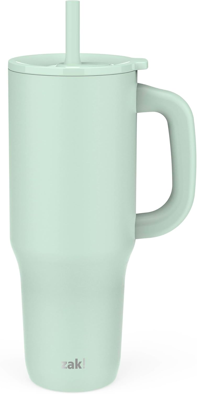 Zak Designs Sutton Travel Tumbler for On the Go, 40oz Stainless Steel with Vacuum Insulation, Silicone Straw, and Carry Handle for Cold Drinks (Icicle Mint Green)