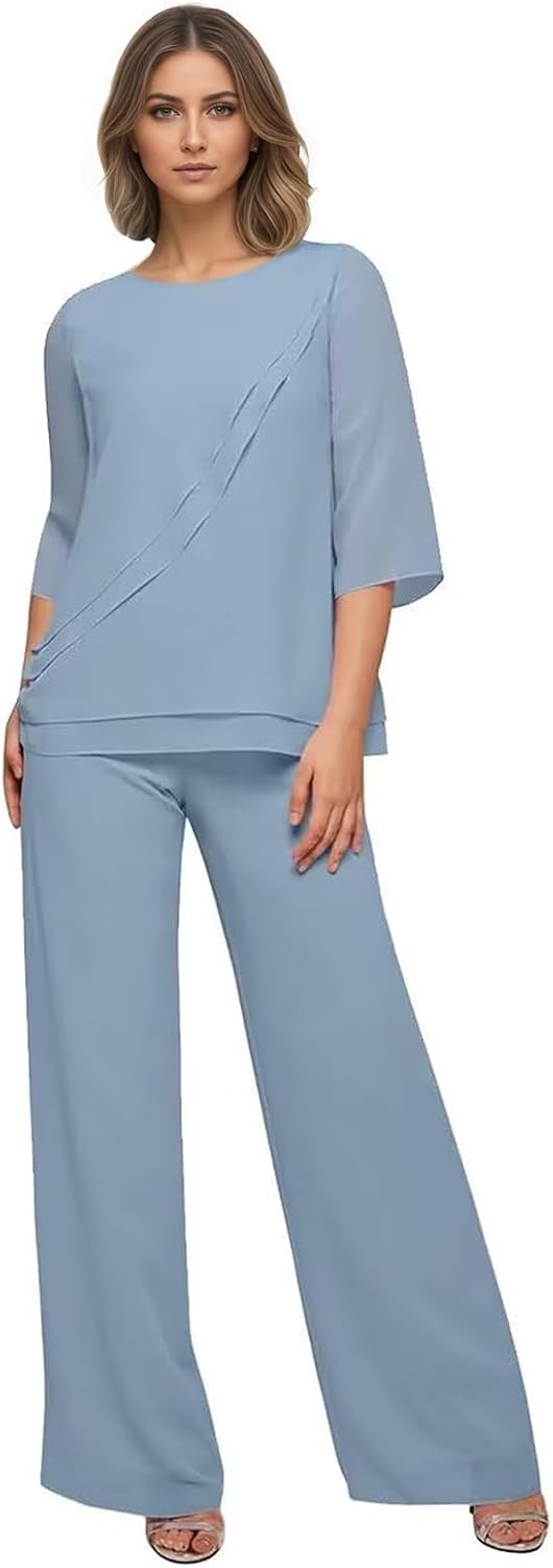2 Pcs Mother of The Bride Pant Suits for Wedding Guest - Half Sleeve Chiffon Grandmother of The Bride Pantsuits
