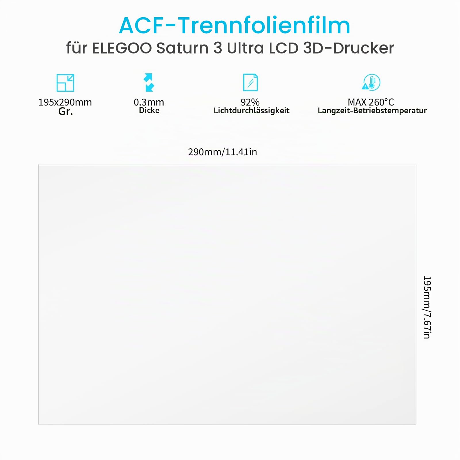 ELEGOO 5er-Set ACF-Folie für Saturn 3 Ultra Resin 3D Drucker, ACF Release Liner Folie mit Geringerer Release-Spannung, Unterstützt Dreimal Schnelleres Drucken, 290 x 195 mm, 0,3 mm Dicke