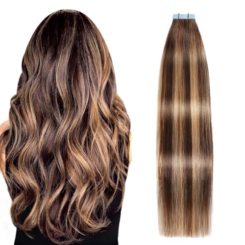 SUYYA Tape in Hair Extensions Human Hair 20 Pcs 50g Invisible Tape Hair Extensions Straight Tape Extensions Real Human Hair 18 Inches #P4/27/T4 Ombre Chocolate Brown to Caramel Blonde