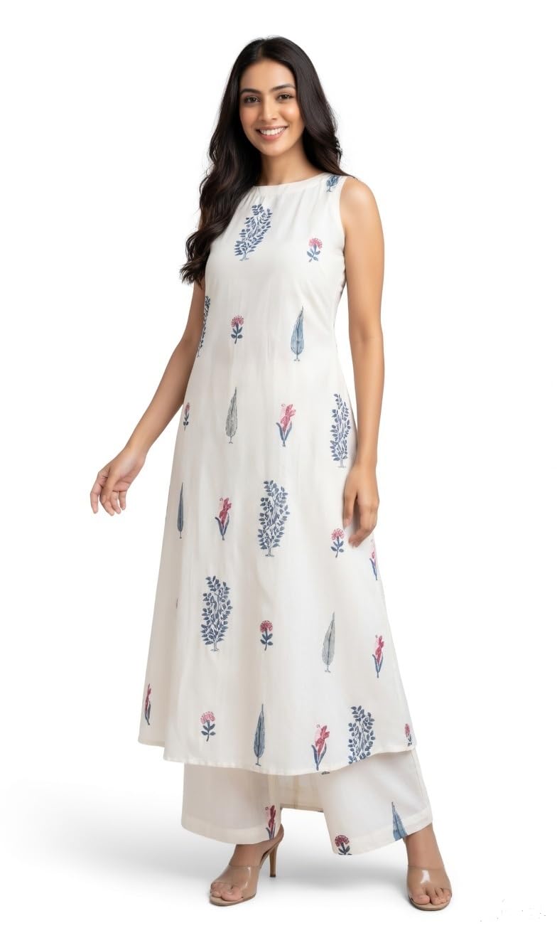 Women Floral Printed Rayon Kurta Palazzo Set | Sleeveless Printed Kurta with Palazzo Pants-picture-29