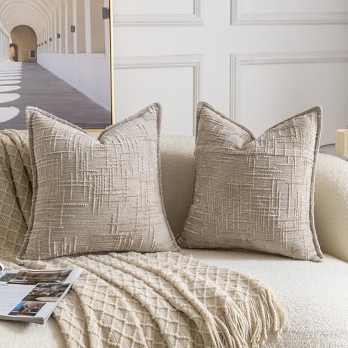 Image of MADIZZ Pack of 2 Chenille Throw Pillow Covers 16x16 Inch Taupe Soft Neutral Decorative Throw Pillows for Couch Sofa Boho Accent Cushion Covers Modern Farmhouse Home Decor for Bedroom Living Room