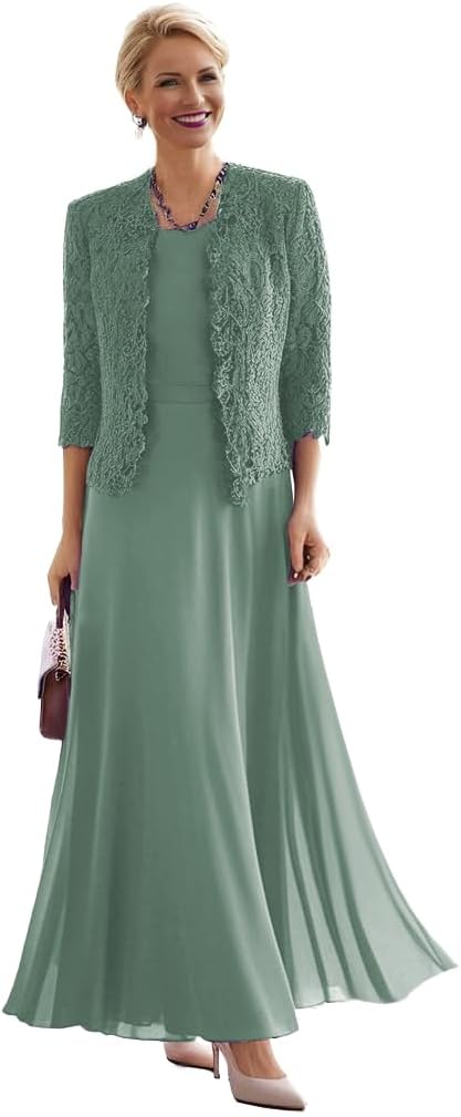 Chiffon Grandmother of Bride Dress with Jacket 2 Piece Grandma of The Groom Dresses for Wedding 3/4 Sleeves