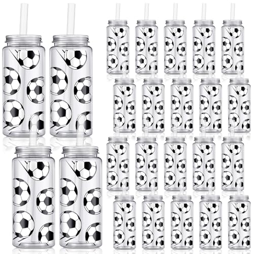 Domensi 24 Pack 14.2 oz Soccer Plastic Cups with Lid and Straw Clear Reusable Cups with Lids and Strawstumbler for Birthday Sports Themed Party Supplies