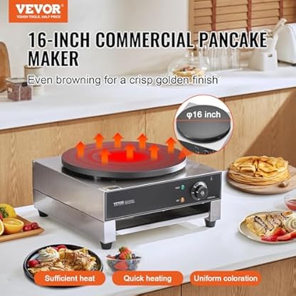 VEVOR elektrischer Crepemaker Crepe-Maschine 3000 W flache Crepe-Grillplatte 40 cm, antihaftbeschichteter fannkuchenherd aus Edelstahl, runder Cerealien-Pfannkuchenherd, Temperaturregelung – Bild 3