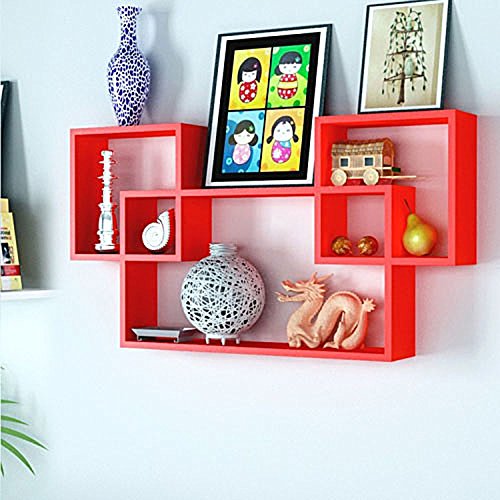 Image of MAMTA DECORATION MDF Wood Intersecting Wall Shelves for Living Room Bedroom Hall Home Office Wall Mounted Shelf Display Reck Wooden Furniture (Red)