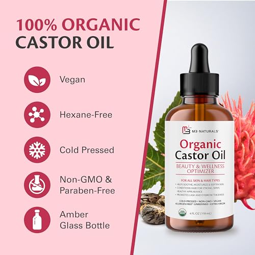 Image of 100% Pure Organic Castor Oil for Hair, Lash and Eyebrow Growth, Lymphatic Drainage and Skin Hydration | Hexane-Free, Cold Pressed, Unrefined in a 4 fl oz Glass Bottle with Dropper by M3