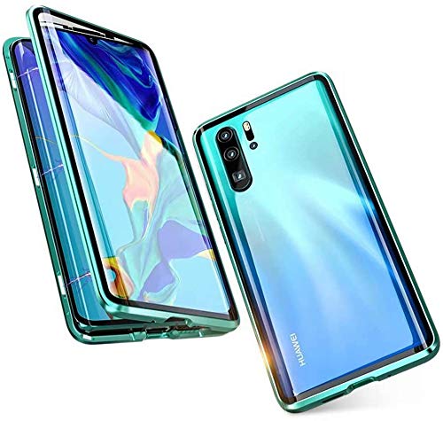 AestCase For Huawei P30 Lite Magnetic Adsorption Technology Cover 360 Degree Front and Back Transparent Tempered Glass Ultra Thin Metal Shockproof Bumper - Green