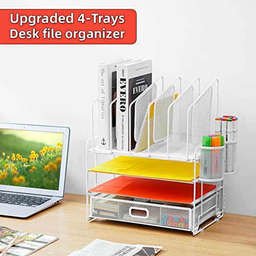 Image of Marbrasse Desk Organizers, 4-Tier Mesh Desk File Organizer with 5 Vertical File Holders and 2 Pen Holders, Multifunction Desktop Organizer,Desk Organizers and Accessories for Home Office (White)