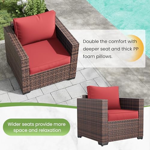 Image of Amopatio Wicker Outdoor Sofa & Patio Couch Set - High Back Waterproof Patio Furniture Single Armrest Chair with Non-Slip Cushions, Outdoor Furniture Cover,Burgundy