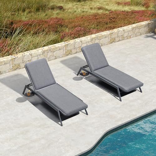 Image of PURPLE LEAF Outdoor Chaise Lounge with Pull-Out Table Heavy-Duty Dark Gray