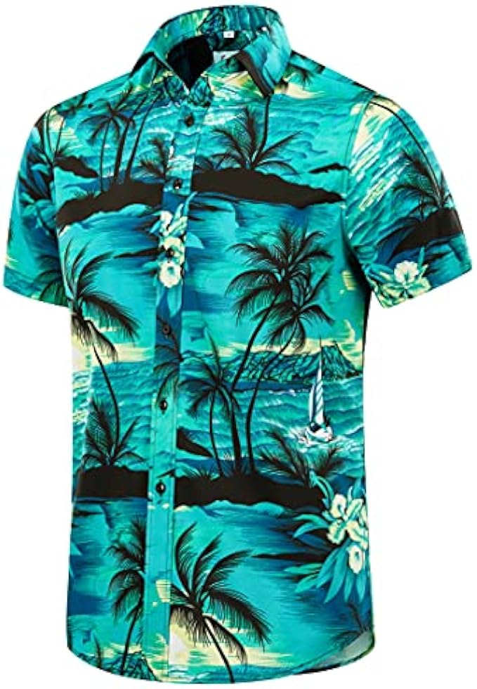EUOW Men's Hawaiian Shirt Short Sleeves Printed Button Down Summer Beach Dress Shirts
