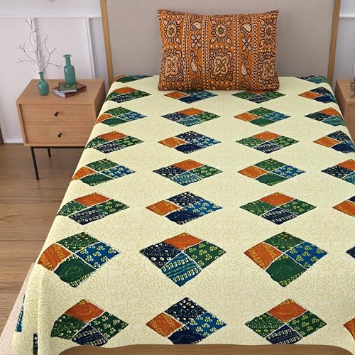 Image of 100% Cotton Single Bedsheet with 1 Pillow Cover | 240 TC Pure Cotton Flat Bed Sheet | Traditional Jaipuri Printed Bedding Set | Soft & Breathable | 60 x 90 Inch (Rangmahal Single 72)