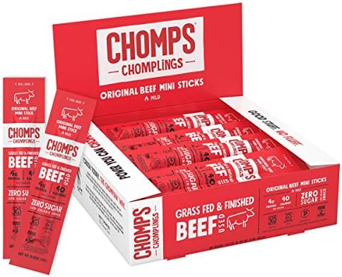 CHOMPS Snack Size Grass Fed Beef Jerky Meat Snack Sticks, Keto, Paleo, Whole30 Approved, Sugar Free, Low Carb, Nitrate Free, Gluten Free, High Protein, Non-GMO, 40 Calories 0.5 Oz, Original Beef 24 Pack