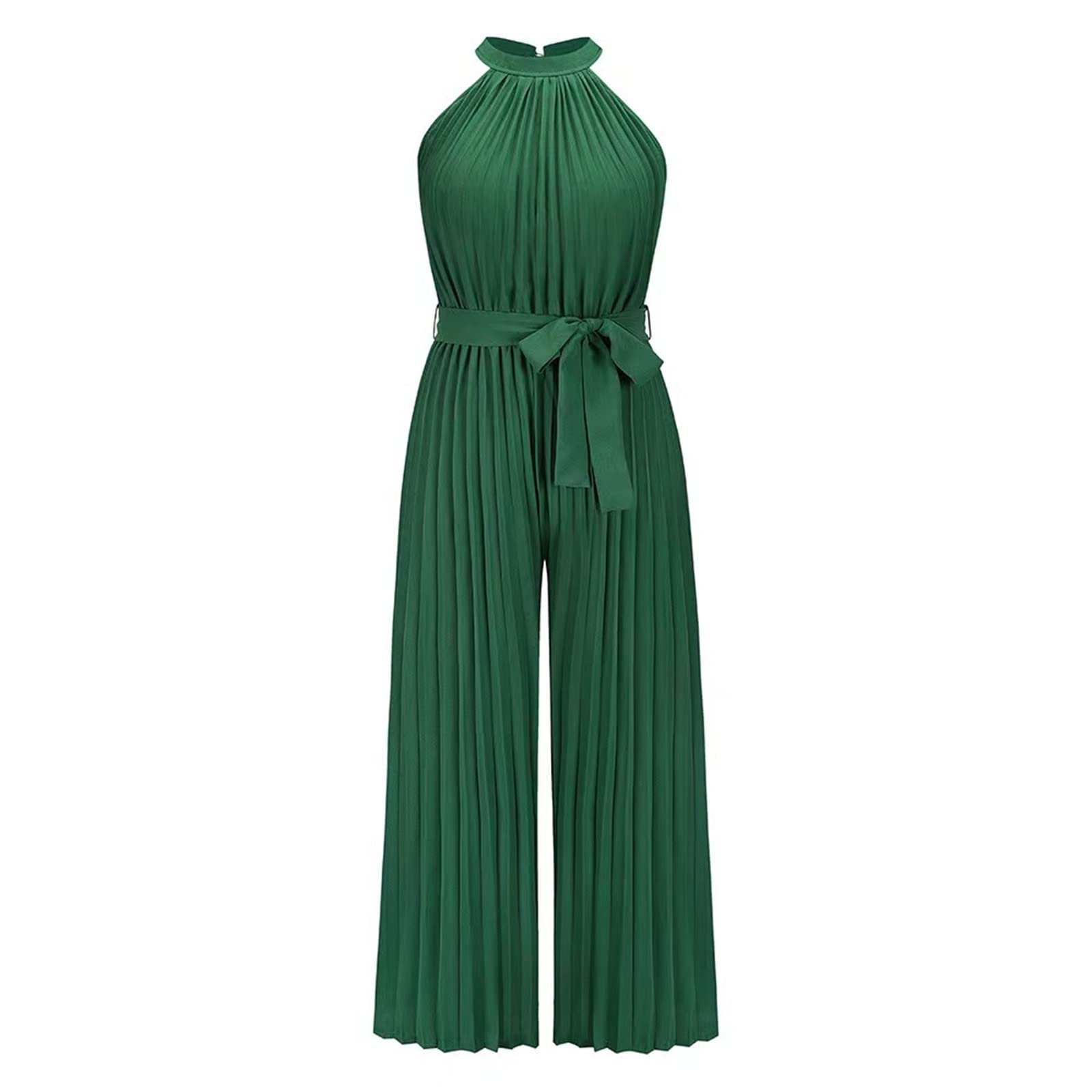 Amazon.com: GHAKKE Women's Sexy Halter Neck Jumpsuit Casual Sleeveless  Pleated High Waist Wide Leg Romper with Belt Cocktail Party Outfit (Color :  Green, Size : Small) : Clothing, Shoes & Jewelry
