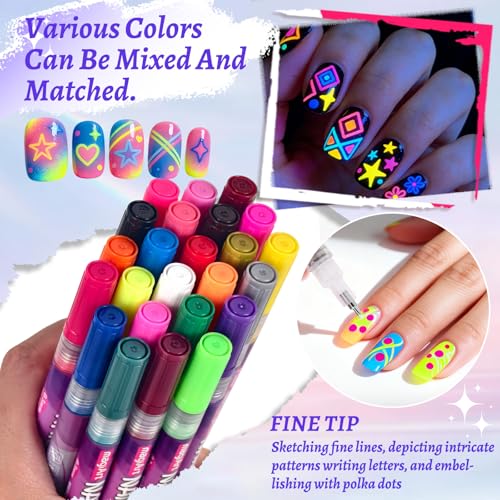 Image of 24 Color Nail Art Pens, Classic & Neon Nail Markers Set 0.5 MM Fine Tip Nail Polish Pens Drawing Painting Point Liner Painted Pen Kit, Waterproof DIY Nails Art Design Manicure Tools