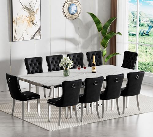 Image of 11-Piece Extendable Dining Table Set for 10, Modern 63 inch-94 inch White Faux Marble Expandable Kitchen Table Set with 10 Velvet Chairs,Large Extendable Dining Room Tables w /Mirrored Columnar Base