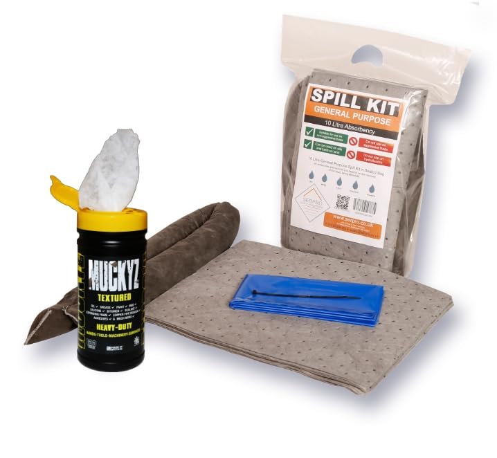 10 Litre General Purpose Compact Spill Kit with Free Tub Muckyz Wipes| with Absorbent Pads, Sock, Gloves, and Disposal Bag – Ideal for Oil, Coolants, Water, and Weak Chemicals