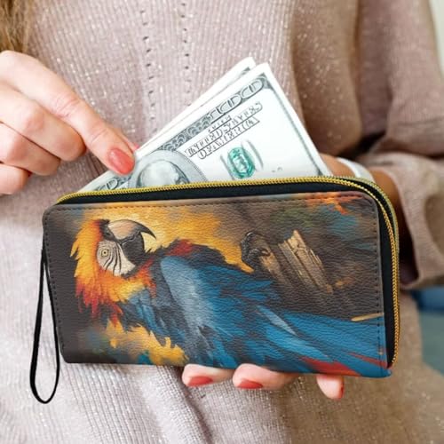 Oil Paint Parrot Travel Wallet for Women Retro Scarlet Macaw Bird Large Capacity Wristlet Clutch Bag, Colorful Long Zip Clutch Wallets for Women Coin Purse3
