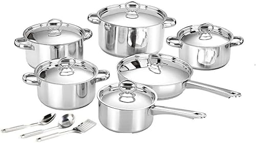 15-Piece Stainless Steel Cookware – Induction Compatible – Heavy Bottom Pots and Pans Set with Utensils – Mirror Finish – Dishwasher Safe – Stay Cool Handles