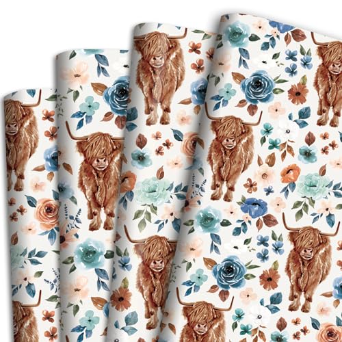 Vnaaem Boho Floral Highland Cow Wrapping Paper for Boys Girls- 6 pcs Boho Floral Gift Wrap Paper Bulk with Highland Cow for Baby Shower Birthday Wedding Crafts Gift Packing(19.6 X27.8Inch)