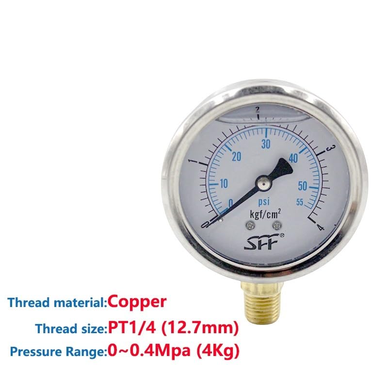 Manómetros de presión de llenado de glicerina resistentes a golpes hidráulicos YN60 PT/G1/2 radiales con caja de acero inoxidable y junta de latón, 16/25/400 Mpa/kg, 1 unidad(0-0.4Mpa 4Kg Brass)