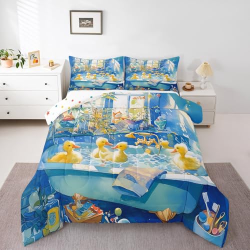 Juego de edredón de pato de dibujos animados, tamaño doble, juego de ropa de cama de 3 piezas para niños, niñas, niños, mujeres, decoración de habitación, juego de edredón rústico de pato de granja,