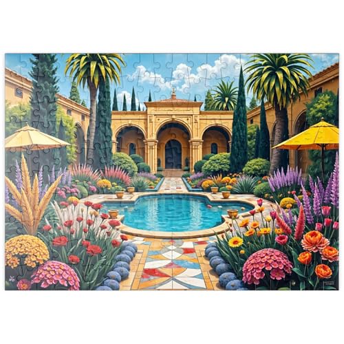 MyPuzzle Mediterraner Innenhofgarten mit Pool und bunten Blumen - Premium 200 Teile Puzzle - MyPuzzle Sonderkollektion von Puzzle Galaxy