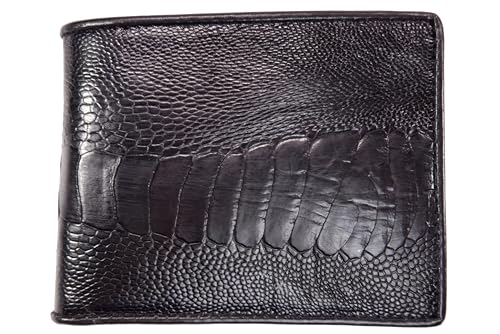 Genuine Ostrich Leg Skin Leather Soft Bifold Men's Wallet ([C13] - 4 Card Slots + 1 ID Window + 2 Compartments for Bills, Black)2