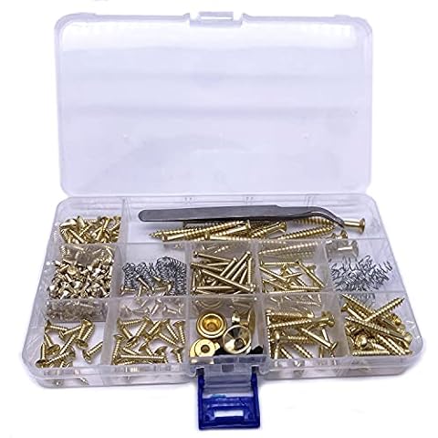 Jiayouy 268 Pieces Guitar Mounting Screws Assortment Box 9 Types Electric Guitar Screw Kit for Electric Guitar Bridge, Pickup, Pickguard, Tuner, Switch, Neck Plate with Springs and Tweezers Gold Cover