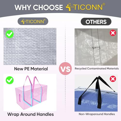 Image of TICONN 6 Pack Extra Large Moving Bags Heavy Duty with Zippers & Carrying Handles, Durable Storage Bags Moving Boxes for Closet Organizers and Storage (6 Pack, Pink)